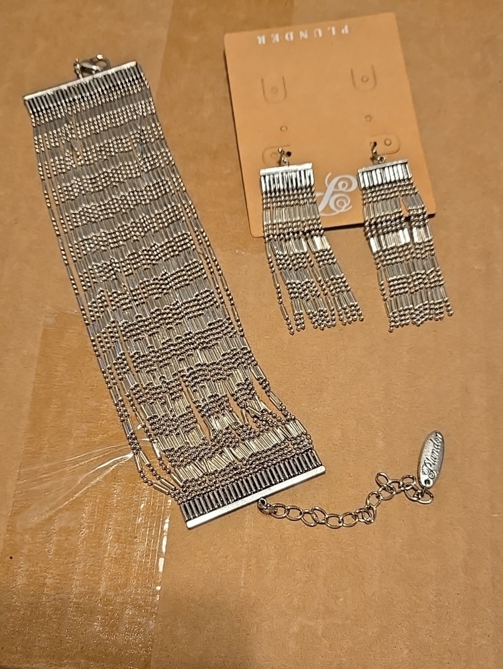 Plunder Silver Multi-Strand Fringe Bracelet with Matching Earrings